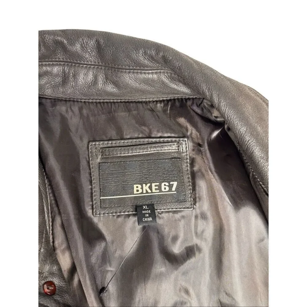 BKE 67 brown mid length  button up leather coat size XL